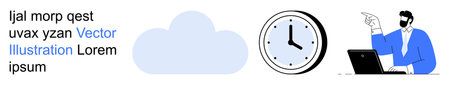 Cloud computing, time management, online collaboration, technology communication, modern workforce, work efficiency. A cloud, clock and person working on a laptop. Cloud computing and timeのイラスト素材