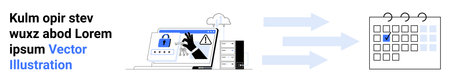 Cybersecurity, data protection, task management, online safety, workflow planning, scheduling. Laptop with lock graphic, warning symbol arrows towards calendar. Cybersecurity and task managementのイラスト素材