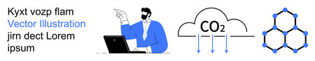 Environmental science, education, carbon footprint, molecular research, business analysis, technological solutions. Man using laptop points while CO2 cloud and molecular diagram appear. Environmentalのイラスト素材