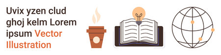 Education, creativity, learning, innovation, globalization, brainstorming. Coffee cup, open book with a lightbulb and globe with connectors. Education and creativity conceptのイラスト素材
