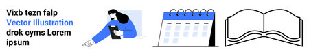 Education, scheduling, planning, knowledge sharing, organization, digital resources. Woman holding a...