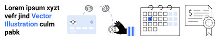 Financial management, payment systems, scheduling, business planning, certifications, digital banking. Calendar, card coins and certificate. Financial management and payment systems conceptのイラスト素材
