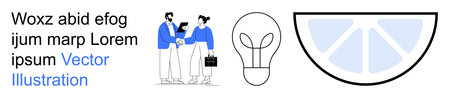 Collaboration, innovation, idea generation, productivity, teamwork, abstract design. Two professionals shaking hands, a lightbulb and a lemon slice illustration. Collaboration and innovation conceptのイラスト素材