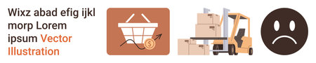 Online shopping, supply chain, logistics, customer satisfaction, warehouse management, e-commerce issues. Shopping cart with arrow, forklift with boxes sad face icon. E-commerce and supply chainのイラスト素材