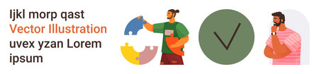 Collaboration, critical thinking, decision-making, problem-solving, teamwork, brainstorming. Characters assembling puzzle pieces, check symbol thoughtful person. Teamwork and critical thinkingのイラスト素材