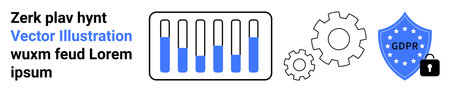 Bar chart with progress, gears representing processes, GDPR shield with lock for security. Ideal for privacy, data management, compliance, process optimization, automation, IT systems simple landingのイラスト素材