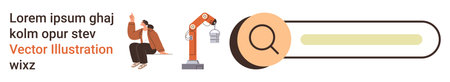 Online search tools, industrial automation, innovation, brainstorming, digital solutions, workflow efficiency. Search bar with magnifying glass, robot arm and sitting person. Online search toolsのイラスト素材