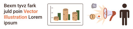 Financial strategy, business development, advertising, marketing, consumer engagement, data analysis. Bar graph with stacked coins and a person with a megaphone. Financial strategy and marketingのイラスト素材