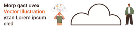 Cloud computing, idea generation, innovation, creative thinking, technology, future trends. A figure brainstorming with a cloud graphic and a person standing nearby. Cloud computing and ideaのイラスト素材