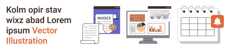 Business tools, finance management, e-commerce, scheduling, analytics, reminders. Includes invoice document, charts on a screen shopping cart icon and calendar with notification. Finance managementのイラスト素材
