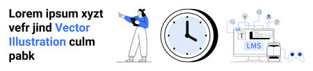 Woman pointing in casual attire, analog clock, and LMS interface with connectivity icons. Ideal for education, technology, scheduling, productivity, online learning, organization and simple landingのイラスト素材