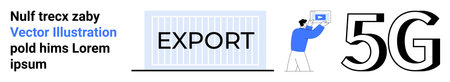Export container, individual holding device near 5G text, emphasizing global trade, communication....