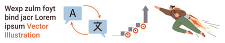 Language learning, skill improvement, business growth, productivity, success, career advancement. Speech bubbles and language symbols, growth graph person jetpacking. Language learning and skillのイラスト素材