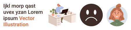 Workplace culture, communication issues, emotional wellbeing, professional vibes, teamwork, self-expression. An office desk with a person, a sad face emotion and a smiling avatar. Communicationのイラスト素材