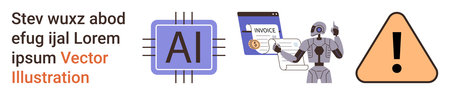 Artificial intelligence, machine learning, automation, robotics, data processing, and technology innovation. AI chip, robot near invoice screen and warning icon. Artificial intelligenceのイラスト素材