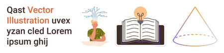 Education, creativity, knowledge sharing, brainstorming, innovation, geometry. a person with a tree-thumbs up brain, an open book with a bulb and a geometric shape. Education and creativity conceptのイラスト素材