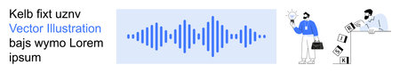 Audio technology, data analysis, teamwork, idea generation, communication, business presentation. Blue soundwave with two professionals analyzing charts and generating ideas. Audio technologyのイラスト素材