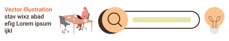 Online research, business strategy, innovative ideas, digital search tools, creativity, workplace productivity. Search bar with magnifying glass and businessperson at desk. Online researchのイラスト素材