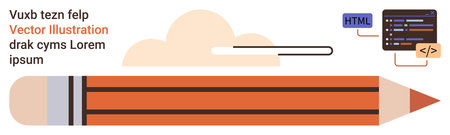 Creativity, digital design, education, programming, writing, technology. Large orange pencil with clouds and coding interface nearby. Creativity and digital design conceptのイラスト素材