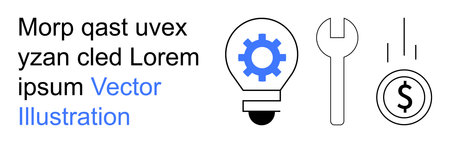 Business strategy, innovation, technical support, financial management, engineering, problem-solving. Gear inside a lightbulb, a wrench and a dollar symbol. Innovation and business strategyのイラスト素材