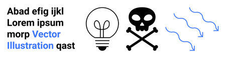 Energy ideas, warning signs, creativity, direction, innovation, graphic design . Light bulb, skull and crossbones arrows with wavy lines and text layout. Energy ideas and warning signsのイラスト素材