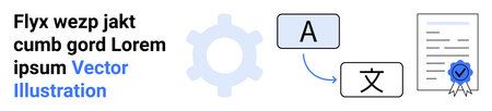 Language translation, document certification, global communication, multilingual solutions, localization expertise, professional verification. Icons of text translation and certified documentのイラスト素材