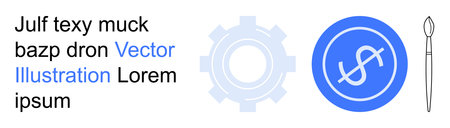 Business, finance, creativity, design, technology, and concepts. Gear and dollar symbol alongside text and a paintbrush icon. Business and creativity concept for design and innovationのイラスト素材