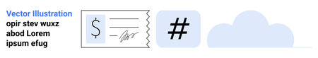 Receipt featuring a dollar sign and signature, metadata tag icon in a blue square, and a cloud graphic. Ideal for payment, fintech, e-commerce, SaaS, digital services, cloud storage simple landingのイラスト素材