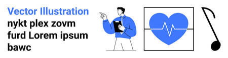 Health monitoring, cardiovascular care, creative design, medical analysis, music therapy, communication. Person pointing at a heartbeat symbol. Health monitoring and cardiovascular care conceptsのイラスト素材