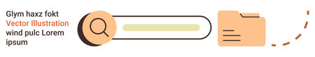 Data navigation, information management, file organization, digital storage, online research, search tools. Magnifying glass and search bar next to a file folder. Data navigation and informationのイラスト素材