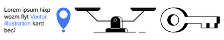 Navigation, legal decisions, security, symbolism, justice, access control. Blue location marker, black scales and a key. Navigation and legal decisions are linked with clear symbolismのイラスト素材