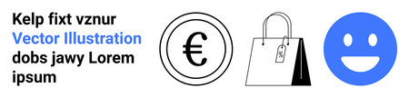 E-commerce, shopping, finance, digital payments, marketing, and customer service. Euro symbol, shopping bag with tag and happy face. E-commerce and shopping conceptsのイラスト素材