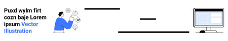 Workflow, technology, data transfer, connectivity, collaboration, digital interface. Person interacting with small icons, connected to a monitor screen. Workflow and technology conceptsのイラスト素材