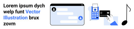Digital communication, online shopping, user interaction, fintech, music streaming, data sharing. Chat window, payment terminal credit card and music note. Online shopping and digital communicationのイラスト素材