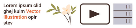 Digital media, interface design, branding visuals, content creation, technology symbols, abstract decoration. Play button, floral elements vertical lines and text layout. Digital mediaのイラスト素材