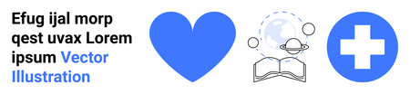 Healthcare, education, charity, wellness, global community, self-care. Blue heart, globe with open...