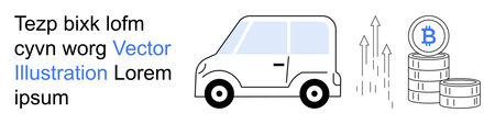 Cryptocurrency, finance, technology, digital exchange, transport, investment growth. Image shows a car and stacked Bitcoin coins with growth arrows. Cryptocurrency and finance conceptのイラスト素材