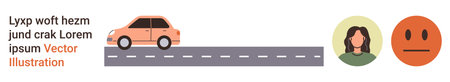 Transportation, emotions, road safety, communication, societal concepts, expression. A car on a road, a female avatar and an emotion symbol. Transportation and emotions concepts highlightedのイラスト素材