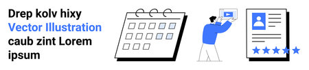 Calendar for scheduling, person presenting online tutorial, and user profile with star rating. Ideal...