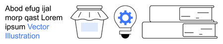 Product packaging, education, creativity, innovation, problem-solving, digital marketing. A jar, gear-themed lightbulb and stacked books. Product packaging and creativity ideas conceptのイラスト素材