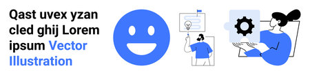 Teamwork, creativity, project management, technology, communication, collaboration. Blue happy face and figures holding a gear and documents. Teamwork and creativity conceptのイラスト素材