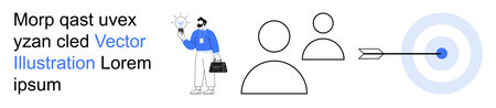 Business strategy, teamwork, innovation, leadership, goal setting, problem solving. A person presenting an idea, target with arrow outlined team illustrations. Business strategy and teamwork conceptのイラスト素材