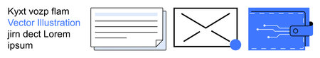 Digital communication, data security, document management, messaging, e-wallets, technology. Outline of cards, envelope and a digital wallet. Secure data storage and digital messaging conceptsのイラスト素材
