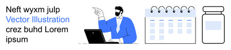 Productivity, health planning, corporate scheduling, remote work, time management, medical advice. Business person using a laptop with a calendar and pill bottle. Productivity and health planningのイラスト素材