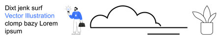 Innovation, business strategy, minimalism, cloud storage, creative thinking, workplace design. A businessman with an idea, cloud outline and potted plant. Innovation and business strategy conceptのイラスト素材