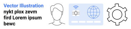 User profile outline, digital ID card with connectivity symbols, and gear wheel. Ideal for technology, identity, networking, cybersecurity, global communication, digital tools simple landing pageのイラスト素材