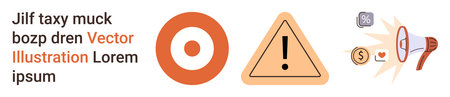 Safety protocols, digital marketing, communication, attention, advertisements, warnings. Circular target, exclamation warning sign with megaphone and currency. Safety protocols and digital marketingのイラスト素材