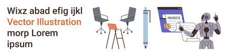 Office decor, business management, automation, digital payments, artificial intelligence, future technology. Chairs and table, pencil invoice and robot. Business management and automation conceptのイラスト素材