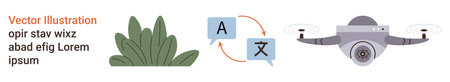 Communication, language services, exploration, technology, nature, modern solutions. Speech bubbles with letters, green foliage and a quadcopter. Communication and language services conceptのイラスト素材