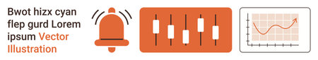 Stock trading, market analysis, financial alerts, data visualization, investment, economic trends. Candlestick chart and line graph with alert bell. Stock trading and market analysis conceptのイラスト素材